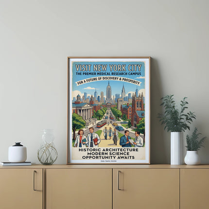New York City medical campus travel poster with historic architecture and modern science.