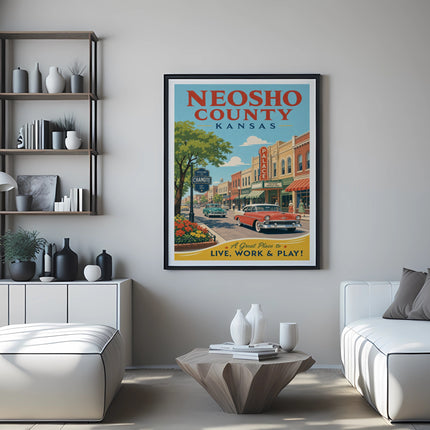 Neosho County Kansas vintage travel poster featuring Chanute with a red car.