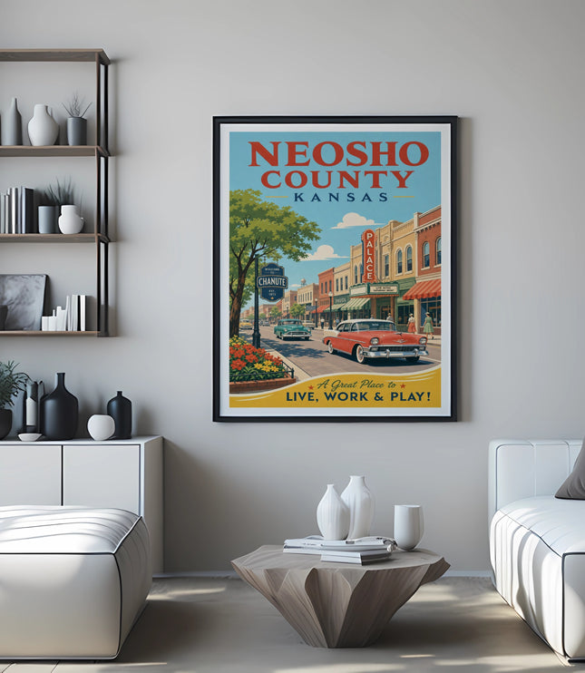 Neosho County Kansas vintage travel poster featuring Chanute with a red car.