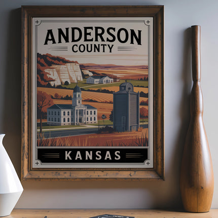 Anderson County, Kansas vintage travel poster art with buildings and landscape.
