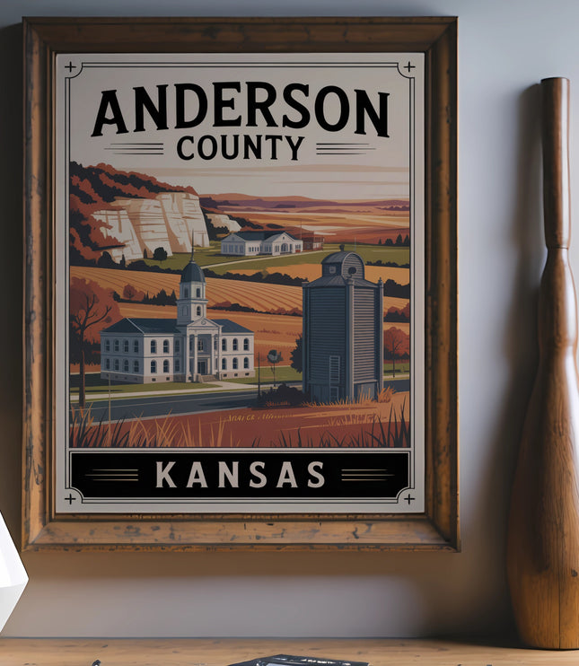 Anderson County, Kansas vintage travel poster art with buildings and landscape.
