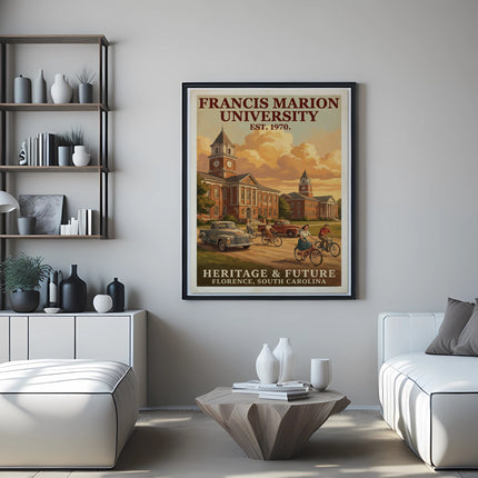 Francis Marion University poster with vintage buildings, cars, and bikes.