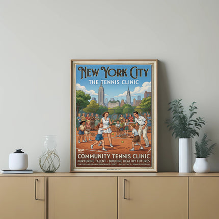 Vintage New York City Tennis Clinic poster featuring children playing tennis.