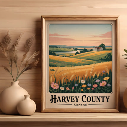 Framed print of Harvey County, Kansas landscape with wheat fields and flowers.