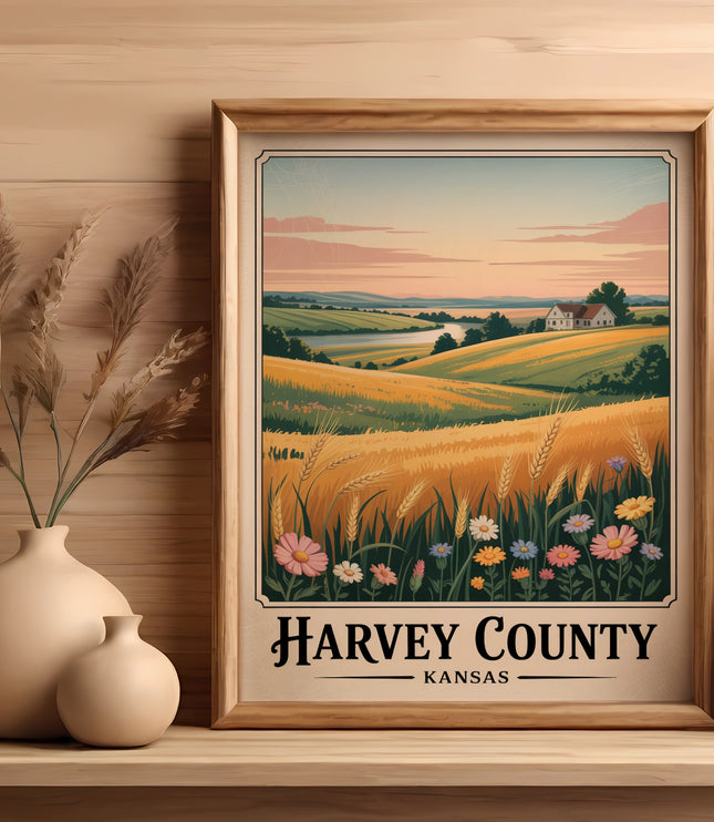 Framed print of Harvey County, Kansas landscape with wheat fields and flowers.