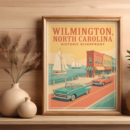 Wilmington North Carolina historic riverfront poster with vintage cars and sailboats.