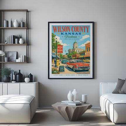 Vintage Wilson County, Kansas Fredonia travel poster with classic car.