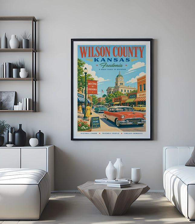 Vintage Wilson County, Kansas Fredonia travel poster with classic car.