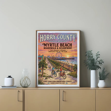 Horry County Myrtle Beach Boardwalk Oceanfront vintage travel poster with cyclists.