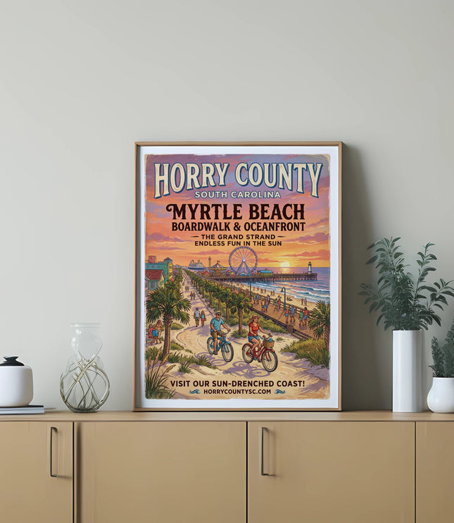 Horry County Myrtle Beach Boardwalk Oceanfront vintage travel poster with cyclists.