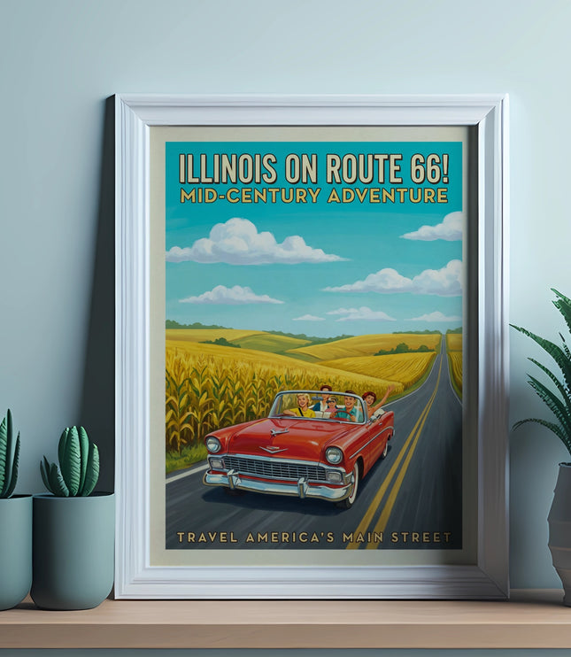 Illinois on Route 66 Mid-Century Adventure poster with family in a red convertible.
