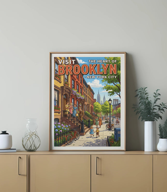 Vintage illustration poster with "Visit Brooklyn The Heart of New York City" text.
