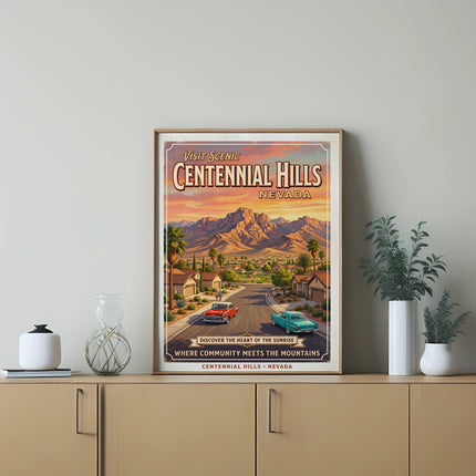 Centennial Hills Nevada vintage travel poster depicting mountains, homes, and classic cars.