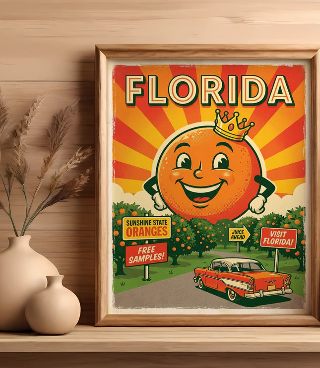 Vintage Florida poster with cartoon orange, oranges, car, and road signs.