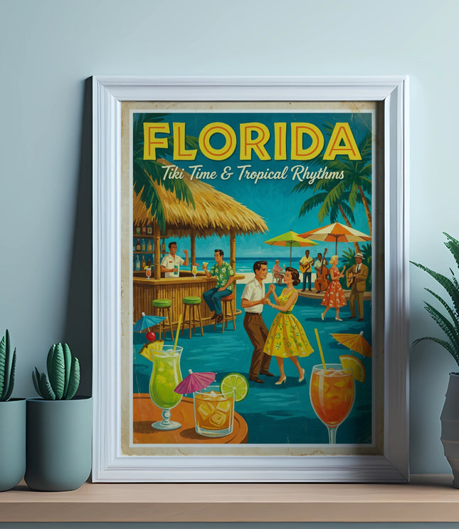 Vintage Florida poster with people dancing and drinking cocktails.