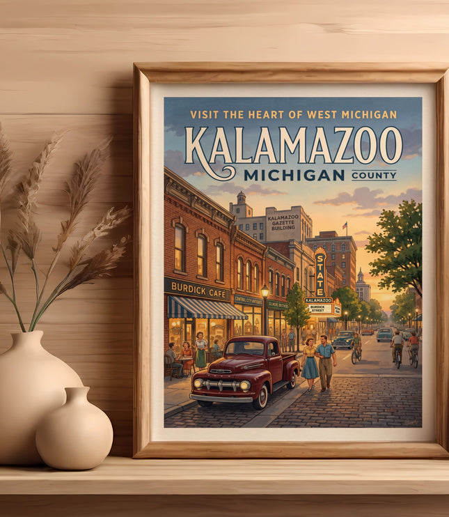 Kalamazoo Michigan County travel poster with vintage street scene and text.