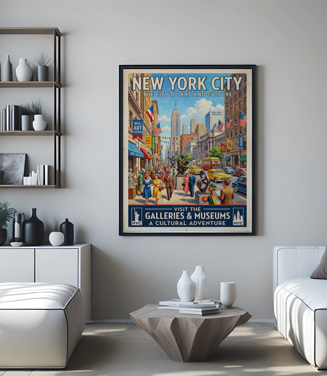 Vintage New York City poster showing street art festival, galleries, and museums.