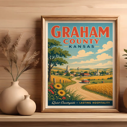 Graham County Kansas vintage travel poster with wheat fields and sunflowers.