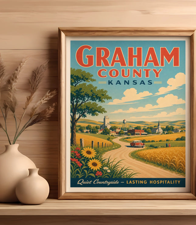 Graham County Kansas vintage travel poster with wheat fields and sunflowers.
