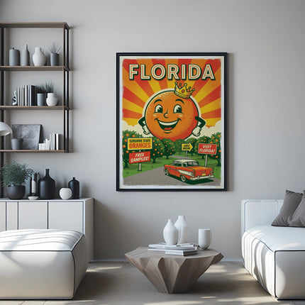 Vintage Florida orange juice poster with cartoon sun and smiling orange.