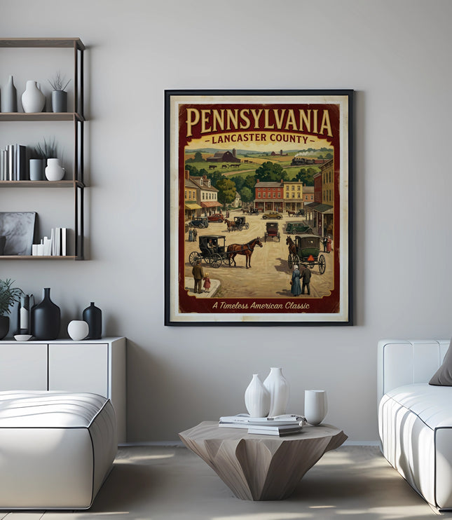 Vintage Pennsylvania Lancaster County travel poster with horse-drawn carriages.