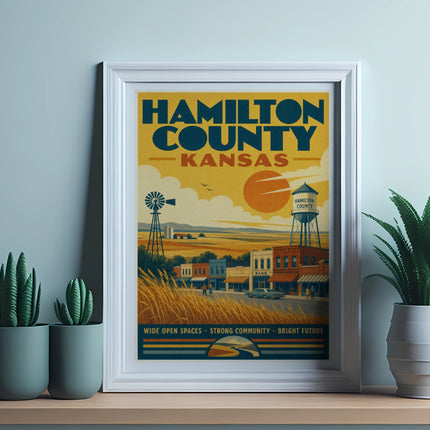Vintage Hamilton County, Kansas travel poster with a town, windmill, and water tower.