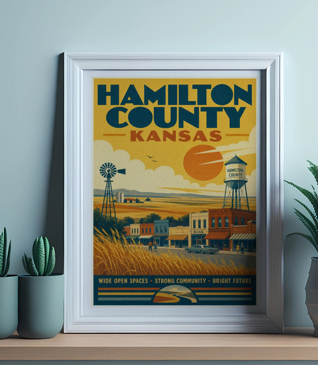 Vintage Hamilton County, Kansas travel poster with a town, windmill, and water tower.