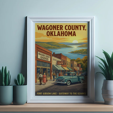 Wagoner County, Oklahoma vintage travel poster with sunset over Fort Gibson Lake.