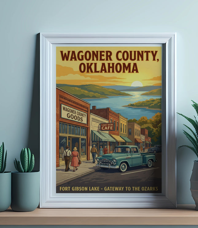 Wagoner County, Oklahoma vintage travel poster with sunset over Fort Gibson Lake.