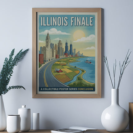 "ILLINOIS FINALE A COLLECTIBLE POSTER SERIES CONCLUSION" cityscape art print in a wooden frame.
