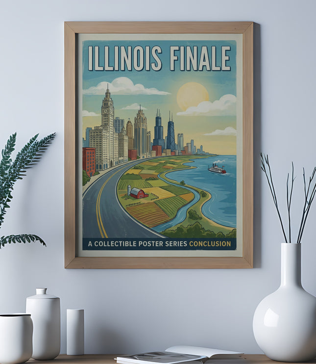 "ILLINOIS FINALE A COLLECTIBLE POSTER SERIES CONCLUSION" cityscape art print in a wooden frame.
