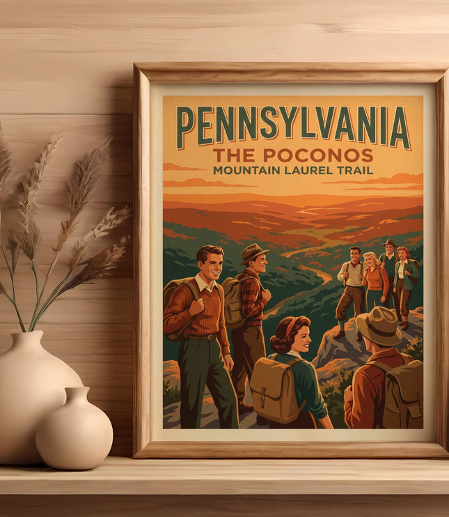 Retro Pennsylvania Pocono Mountain Trail vintage travel poster.