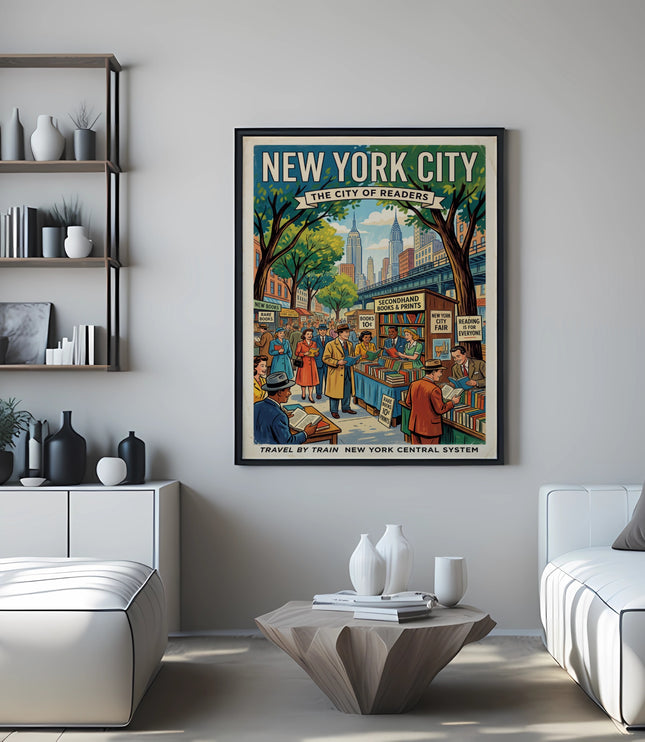 New York City vintage travel poster, "The City of Readers," people at a book fair.