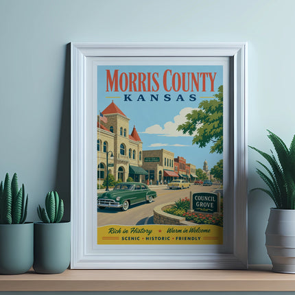 Morris County Kansas poster with vintage car on Historic Main Street.