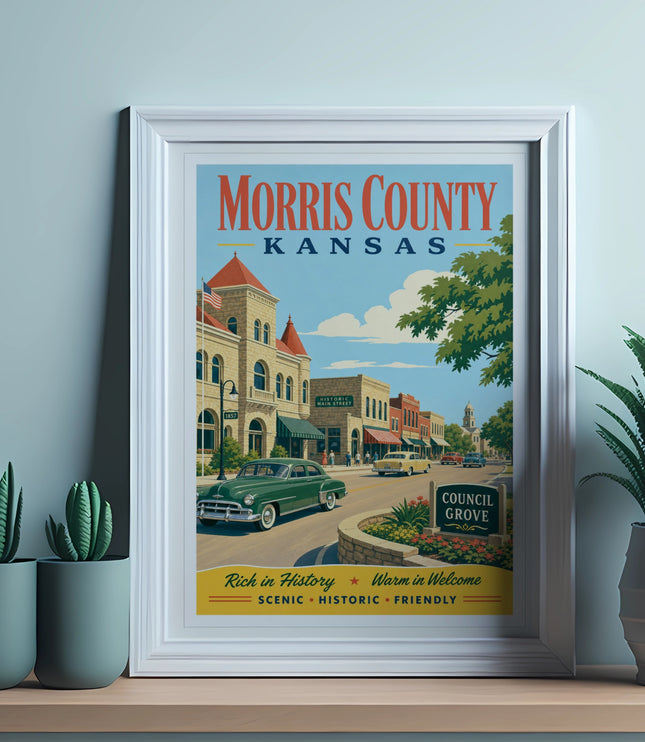 Morris County Kansas poster with vintage car on Historic Main Street.