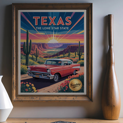 Vintage Texas Lone Star State poster with classic red car driving through desert landscape.