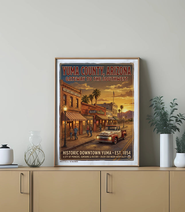 Yuma County, Arizona vintage poster featuring historic downtown street scene with signage.