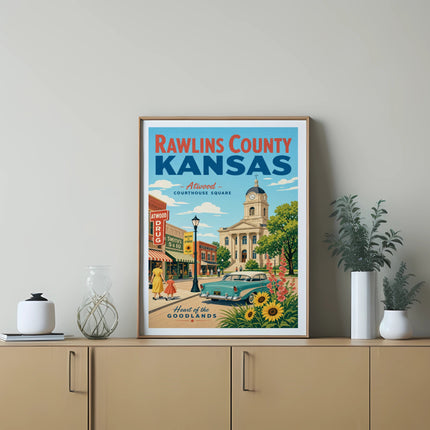Retro poster of Atwood, Kansas Courthouse Square with vintage cars and buildings.