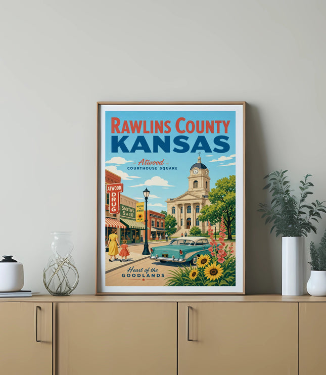 Retro poster of Atwood, Kansas Courthouse Square with vintage cars and buildings.