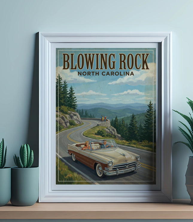 Vintage poster of Blowing Rock, NC with convertible driving through mountains.