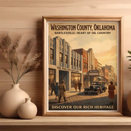 Vintage poster for Washington County, Oklahoma, featuring Bartlesville street scene and text.