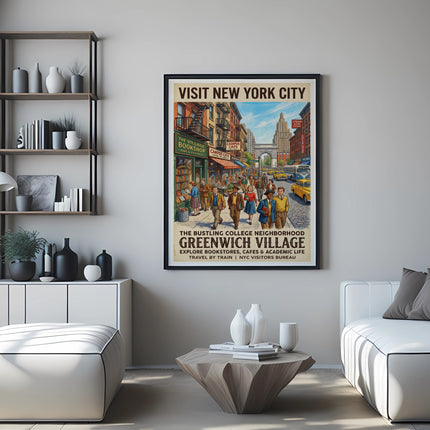 New York City vintage travel poster for Greenwich Village, featuring shops and cafes.