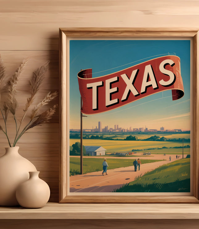Framed artwork depicts a pastoral Texas landscape with a large "TEXAS" banner.