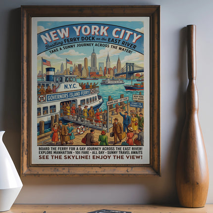 New York City ferry dock poster advertising trips to Manhattan and Governors Island.