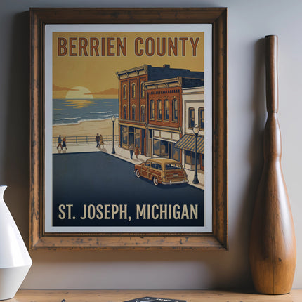 Berrien County St. Joseph, Michigan vintage travel poster with beach and buildings.
