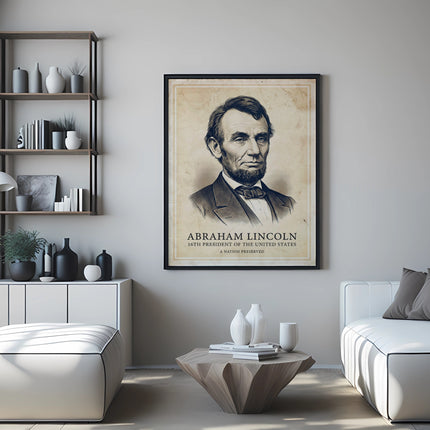 Framed portrait of Abraham Lincoln, 16th US President, above a modern living room couch.