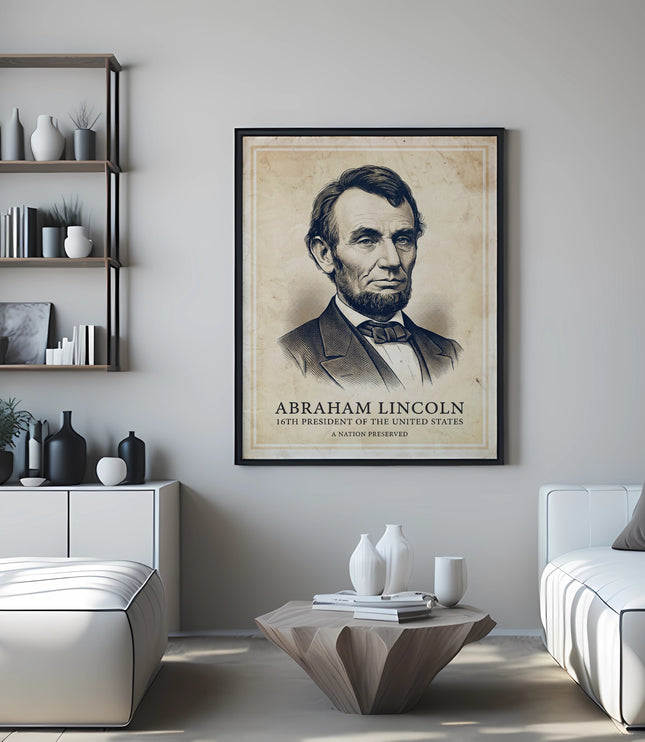 Framed portrait of Abraham Lincoln, 16th US President, above a modern living room couch.