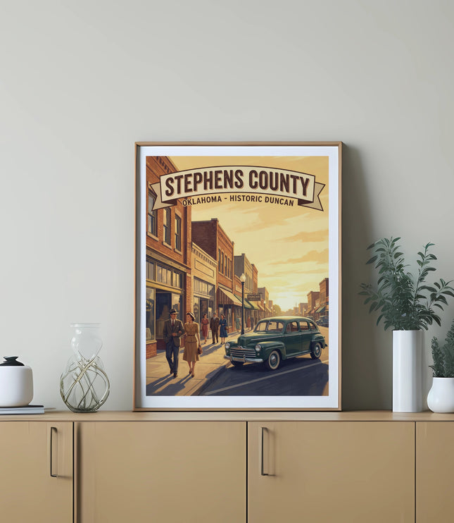 Stephen County Oklahoma Historic Duncan vintage travel poster with people and car.