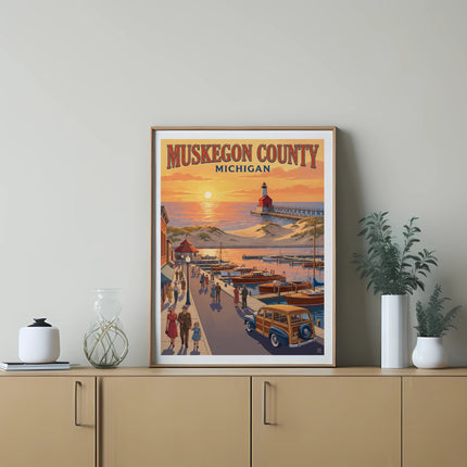Muskegon County Michigan vintage travel poster with lighthouse and boats at sunset.