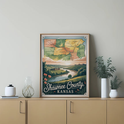 Framed map of Shawnee County, Kansas with colorful topographical details.